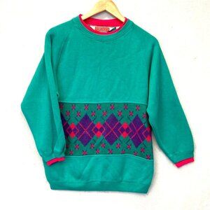 Vintage 80s Eileen Sweatshirt Small Teal Purple Pink Diamond Knit Colorful Retro